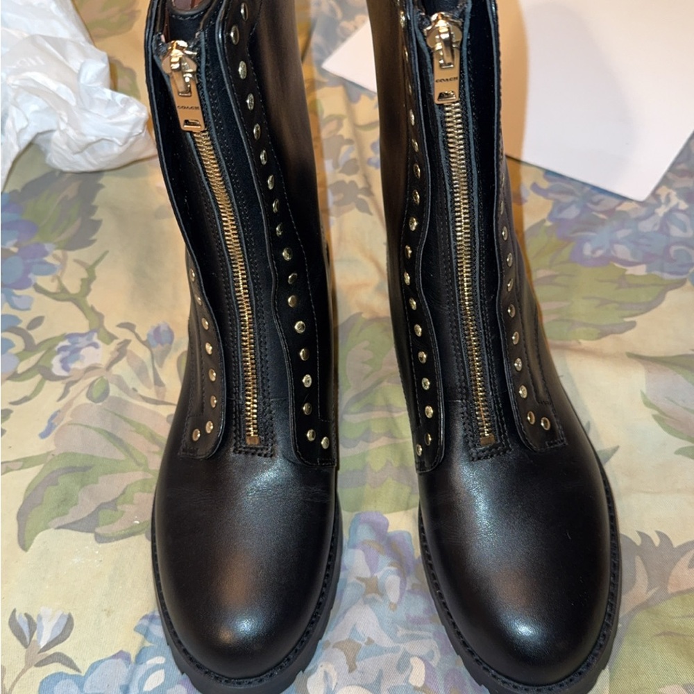 Coach Black Leather Studded Front-Zip Moto Boots